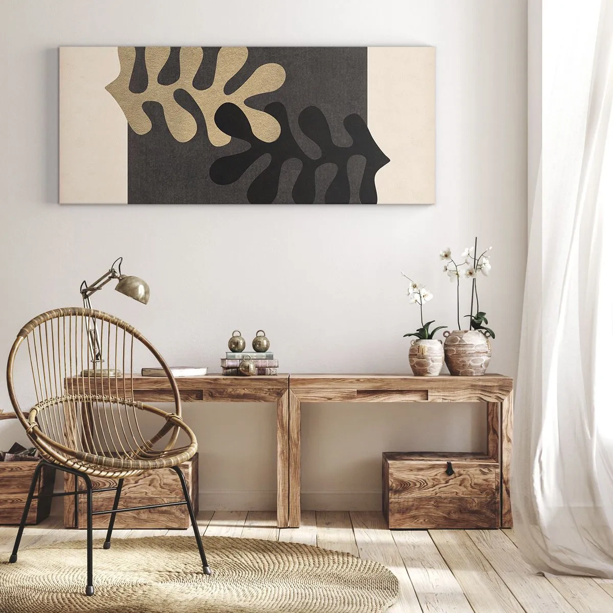 Quadro su tela - Stampe su Tela - Foglie astratte in nero e beige su uno sfondo rettangolare - 140x50cm - Assenza e completamento - Decorazione murale moderna per soggiorno e camera da letto ARTTOR