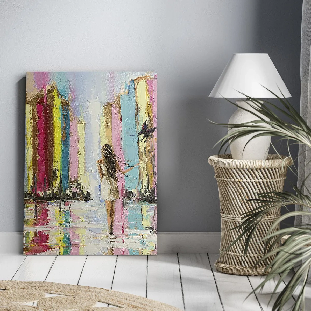 Quadro su tela - Stampe su Tela - Una città colorata e una donna in abito bianco con un uccello - 50x70cm - Seguimi - Decorazione murale moderna per soggiorno e camera da letto ARTTOR