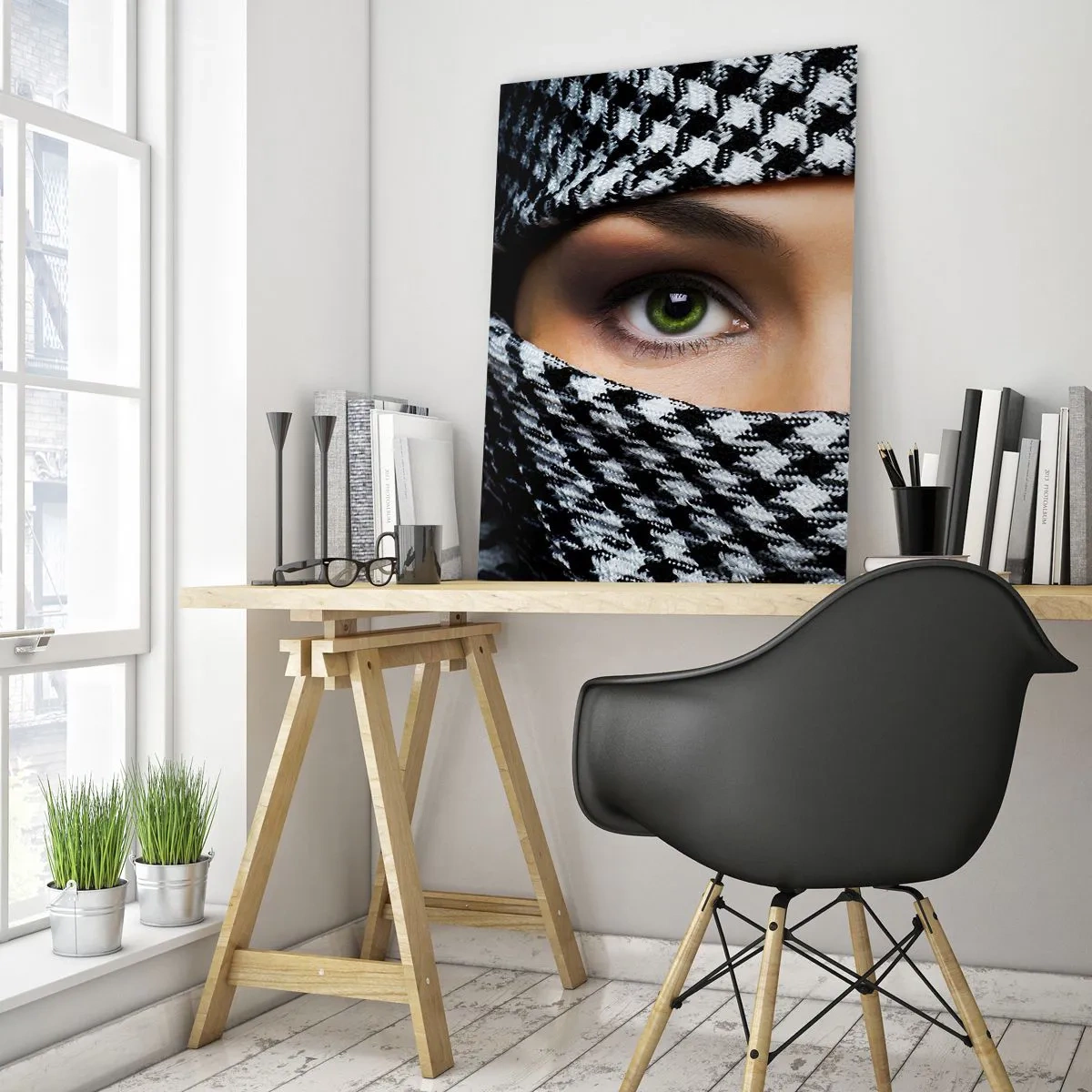 Quadro su vetro - Gli occhi verdi di una donna sono nascosti dietro un tessuto a fantasia in bianco e nero. - 70x100cm - Ritratto di bellezza velata con gli occhi verdi - Decorazione murale moderna per soggiorno e camera da letto ARTTOR