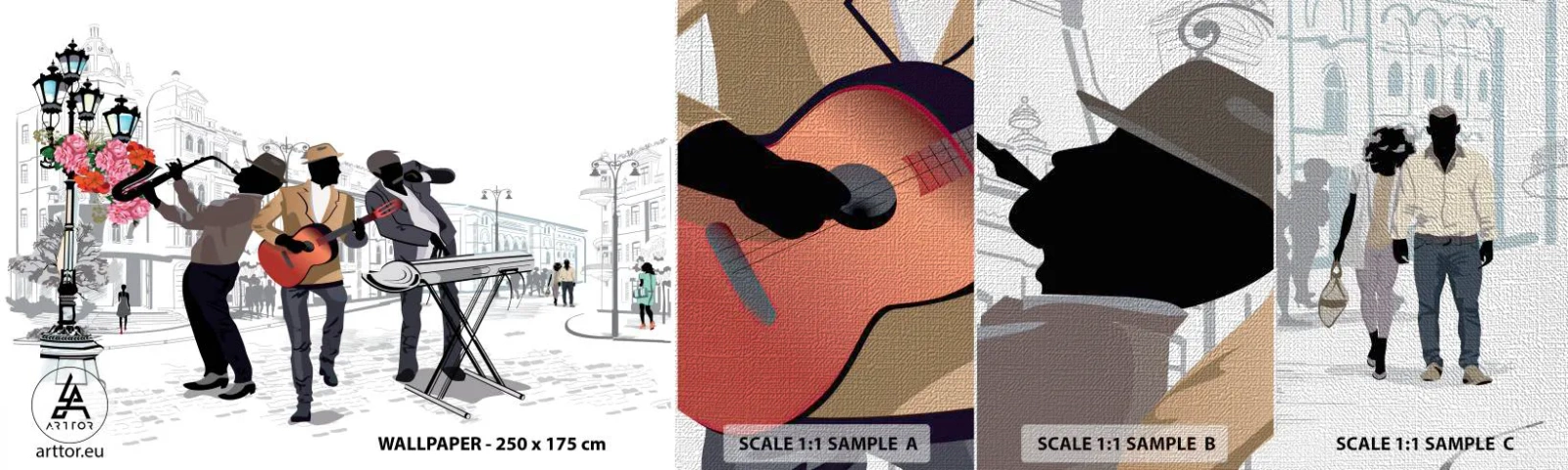 Campione di Fotomurale Premium Canvas - Musica da strada - Musica, Chitarra, Gruppo musicale - 100x30 cm