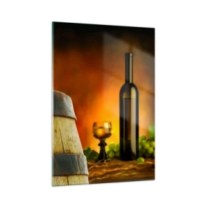 Quadro su vetro - Uva su una botte in un ambiente rustico con vino sullo sfondo - 50x70cm - Natura morta con bottiglia di vino e acini d'uva - Decorazione murale moderna per soggiorno e camera da letto ARTTOR