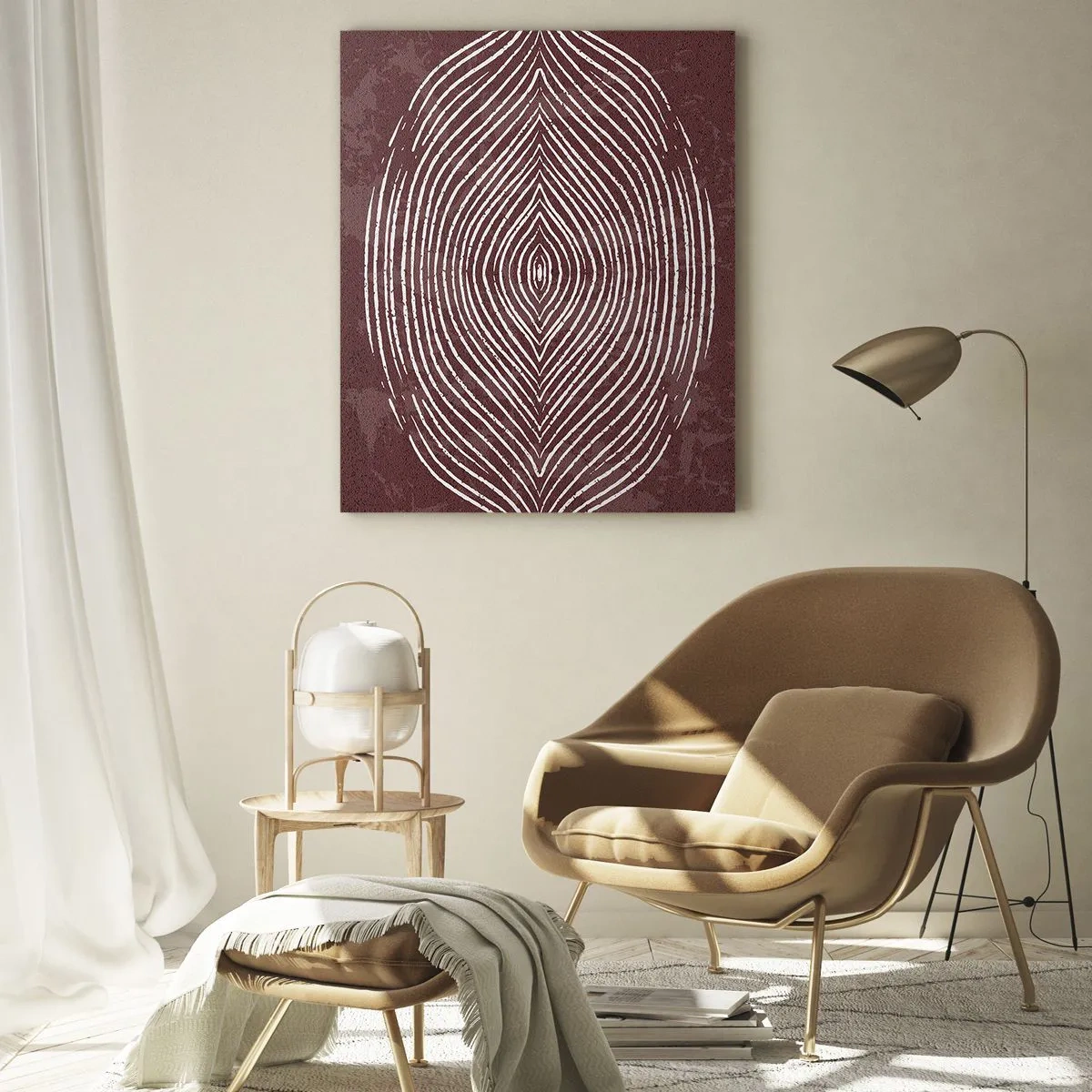 Quadro su vetro - Linee simmetriche a forma di occhio su sfondo bordeaux - 50x70cm - Lo spazio parlante - Decorazione murale moderna per soggiorno e camera da letto ARTTOR