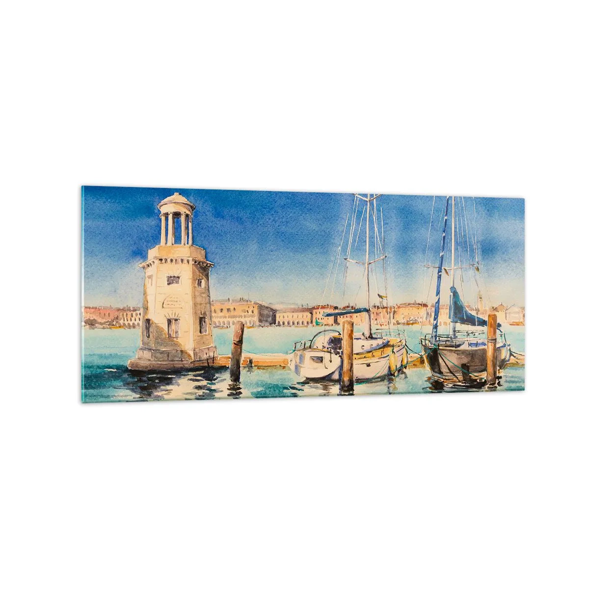 Quadro su vetro - Marina con barche sullo sfondo di una laguna blu - 120x50cm - La laguna assolata - Decorazione murale moderna per soggiorno e camera da letto ARTTOR