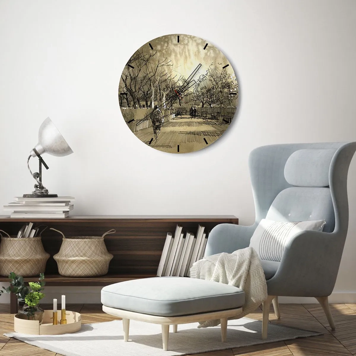 Orologio da parete - Orologio in Vetro - Schizzo di una passeggiata in un parco con sentieri e alberi - 30x30cm - Attimo fermato con la penna - Decorazione murale moderna per soggiorno, cucina e camera da letto ARTTOR
