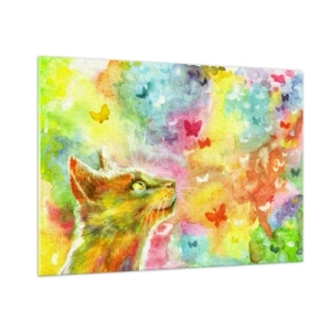 Quadro su vetro - Un gatto osserva farfalle colorate su uno sfondo pastello. - 100x70cm - Storie dal paese dei gatti - Decorazione murale moderna per soggiorno e camera da letto ARTTOR
