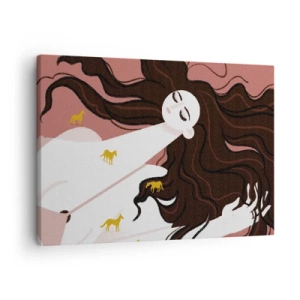 Quadro su tela - Stampe su Tela - Una figura con gli occhi chiusi circondata da cavalli dorati - 70x50cm - Il sogno del cavallo d'oro - Decorazione murale moderna per soggiorno e camera da letto ARTTOR