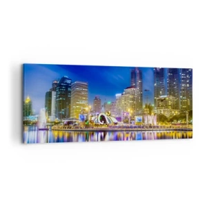 Quadro su tela - Stampe su Tela - Panorama notturno della città con luci riflesse sull'acqua - 120x50cm - Notte multicolore della metropoli - Decorazione murale moderna per soggiorno e camera da letto ARTTOR