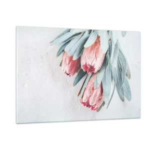 Quadro su vetro - Tre fiori di protea pastello con foglie su uno sfondo chiaro - 120x80cm - Imbarazzati per la propria bellezza - Decorazione murale moderna per soggiorno e camera da letto ARTTOR