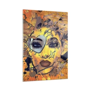 Quadro su vetro - Volto di donna astratto nei toni oro-arancio - 50x70cm - Bellezza solare - Decorazione murale moderna per soggiorno e camera da letto ARTTOR