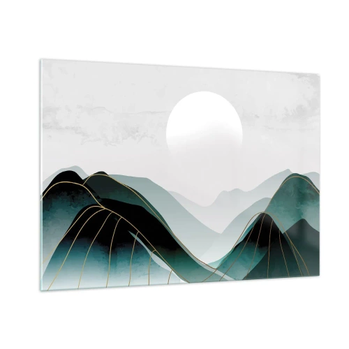 Quadro su vetro - Paesaggio montano con sole bianco e linee dorate - 100x70cm - In tutta la maestà - Decorazione murale moderna per soggiorno e camera da letto ARTTOR