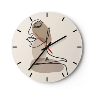 Orologio da parete - Orologio in Vetro - Ritratto minimalista di una donna in stile line art e macchie beige. - 30x30cm - La linea sicura della bellezza - Decorazione murale moderna per soggiorno, cucina e camera da letto ARTTOR