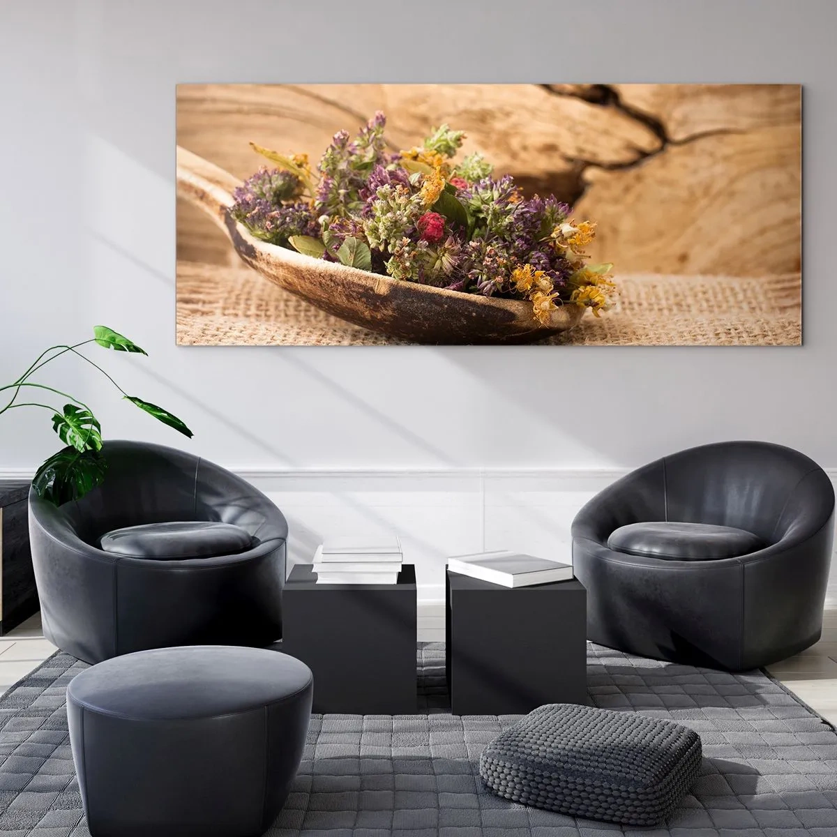 Quadro su vetro - Fiori colorati ed erbe odorose - 90x30 cm