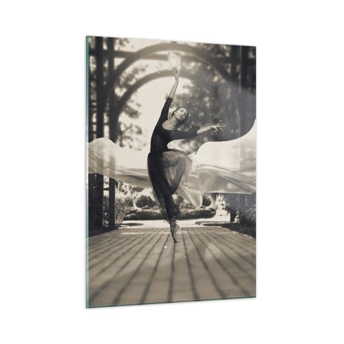 Quadro su vetro - Una ballerina in movimento su uno sfondo di giardino in bianco e nero. - 50x70cm - La danza dello spirito del giardino - Decorazione murale moderna per soggiorno e camera da letto ARTTOR