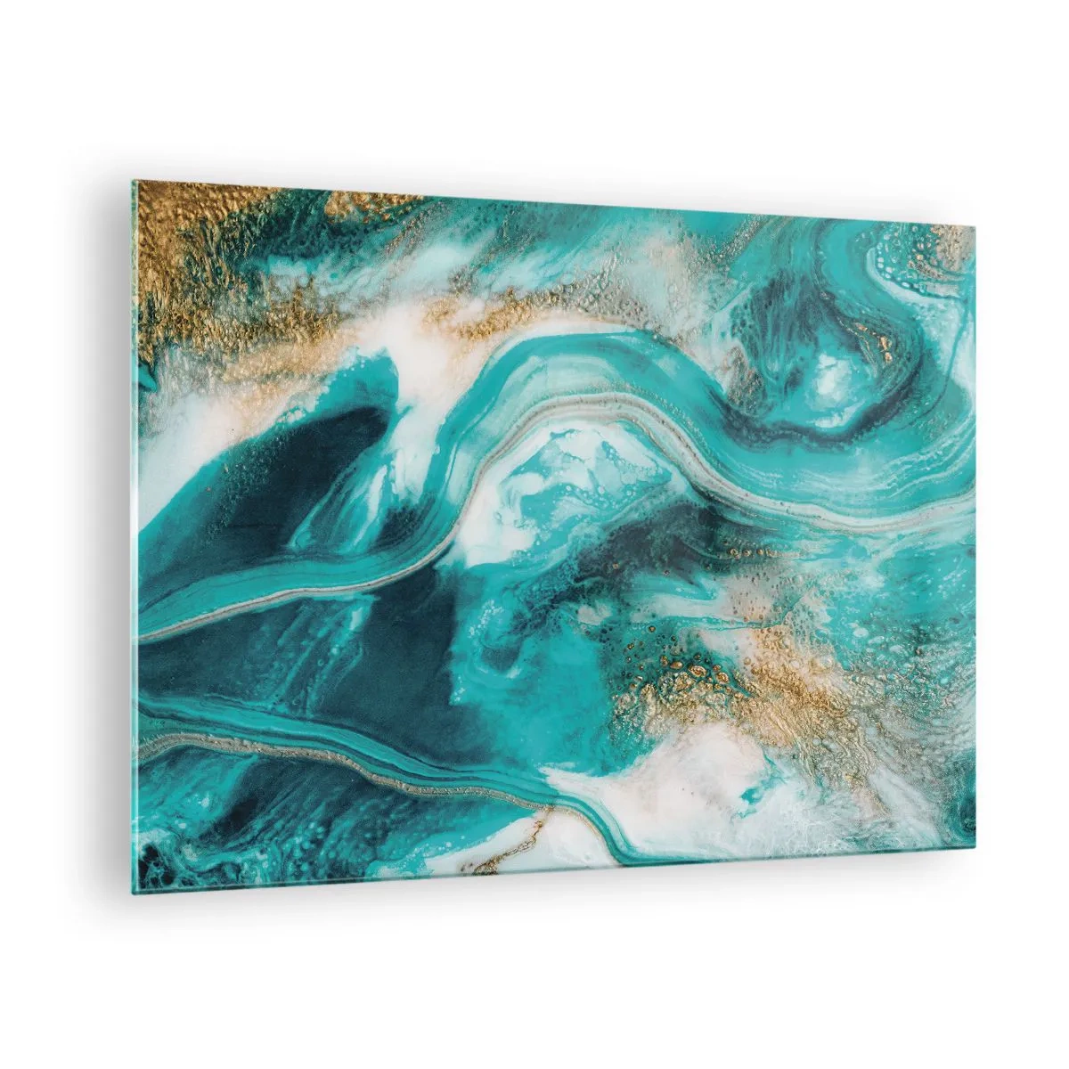 Quadro su vetro - Una composizione astratta in turchese con accenti dorati. - 70x50cm - Il fiume d'oro - Decorazione murale moderna per soggiorno e camera da letto ARTTOR