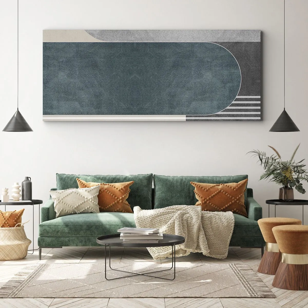 Quadro su tela - Stampe su Tela - Astrazione geometrica nei toni del grigio e del verde - 120x50cm - Composizione orizzontale - Decorazione murale moderna per soggiorno e camera da letto ARTTOR