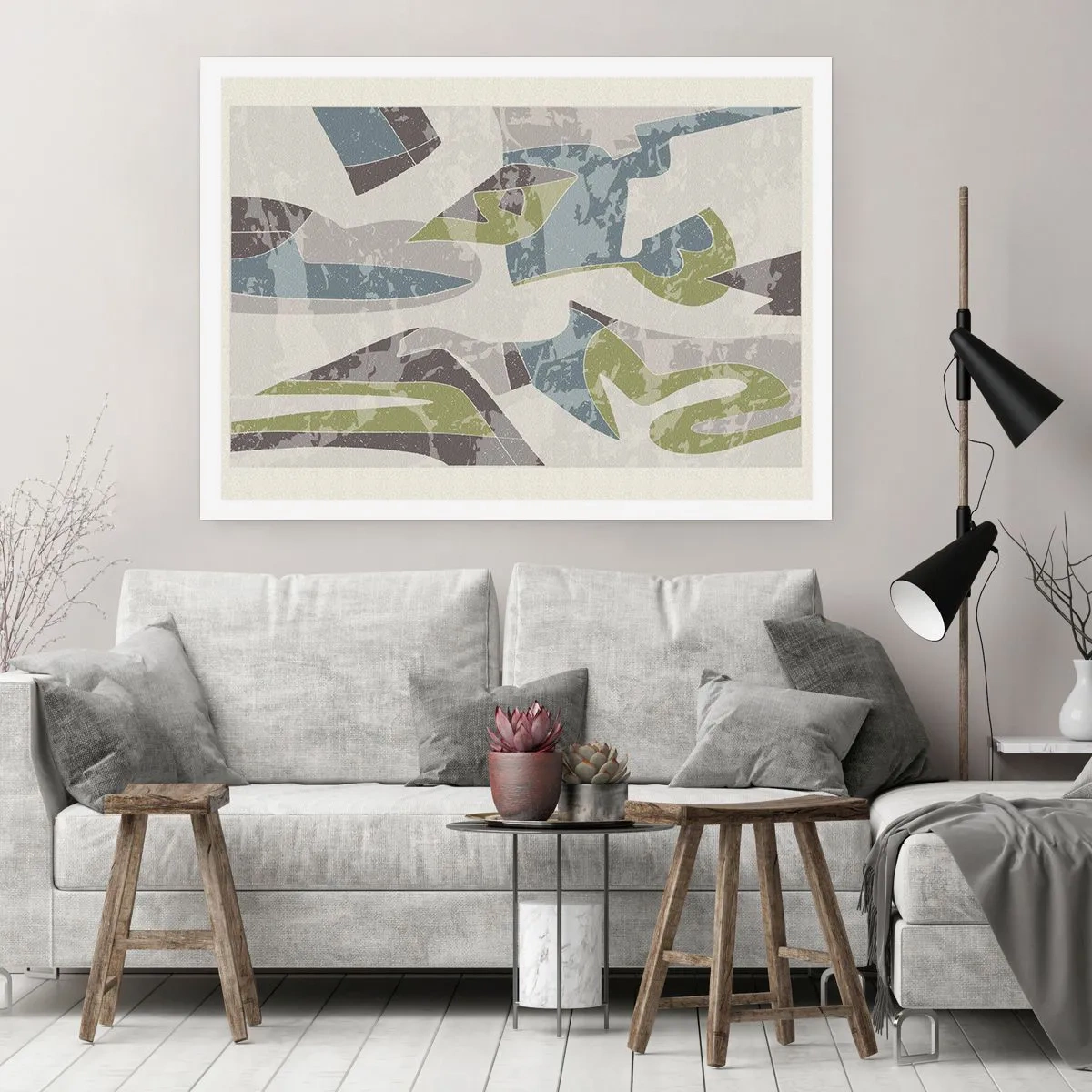 Poster - Forme astratte in verde e blu su uno sfondo chiaro - 100x70cm - Composizione oltre il vetro - Decorazione murale moderna per soggiorno e camera da letto ARTTOR