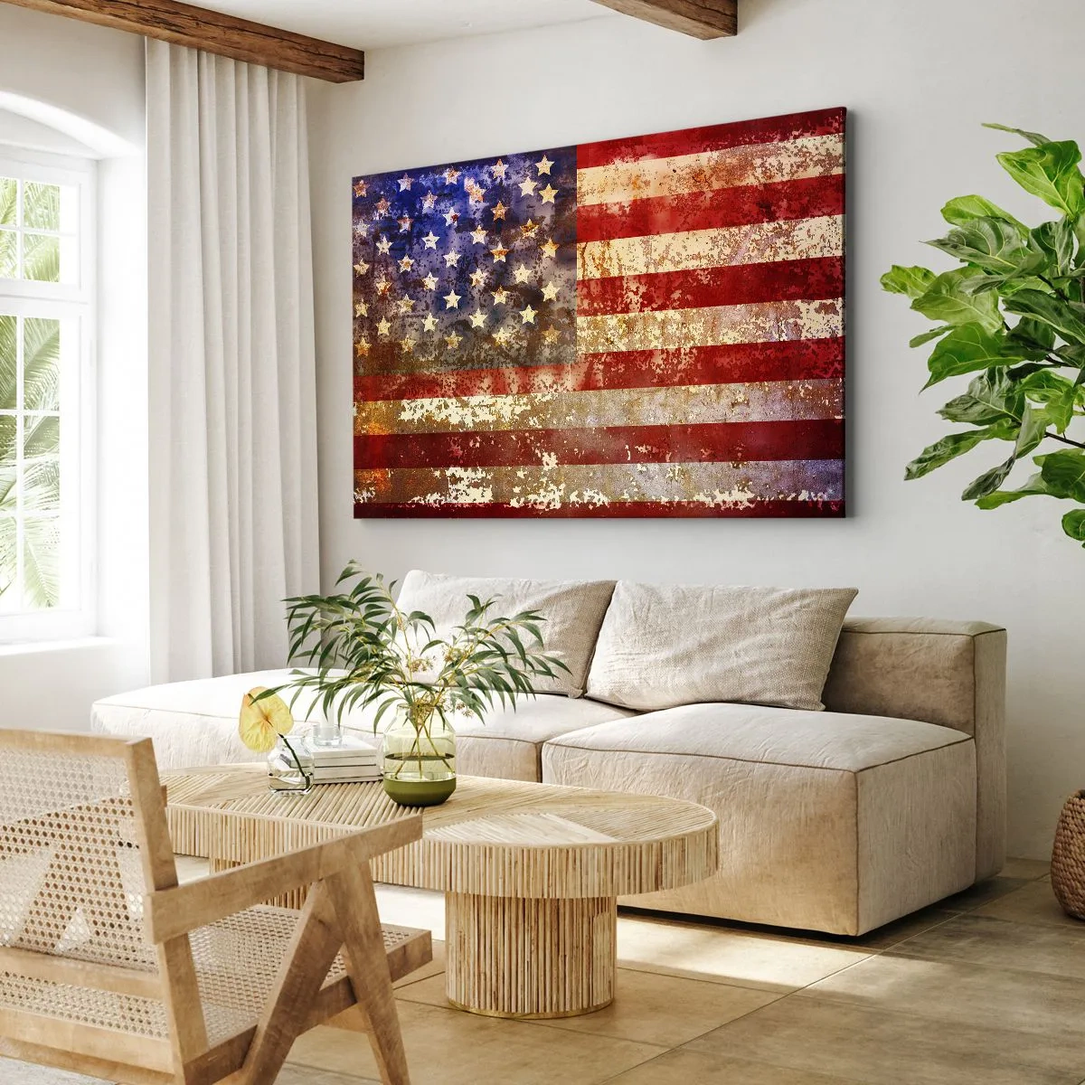 Quadro su tela - Stampe su Tela - Bandiera statunitense stilizzata con effetto invecchiato - 70x50cm - L'attimo non passa - Decorazione murale moderna per soggiorno e camera da letto ARTTOR