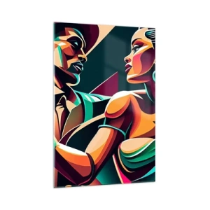 Quadro su vetro - Una coppia stilizzata che balla con colori geometrici e vivaci. - 70x100cm - Al ritmo del cuore - Decorazione murale moderna per soggiorno e camera da letto ARTTOR