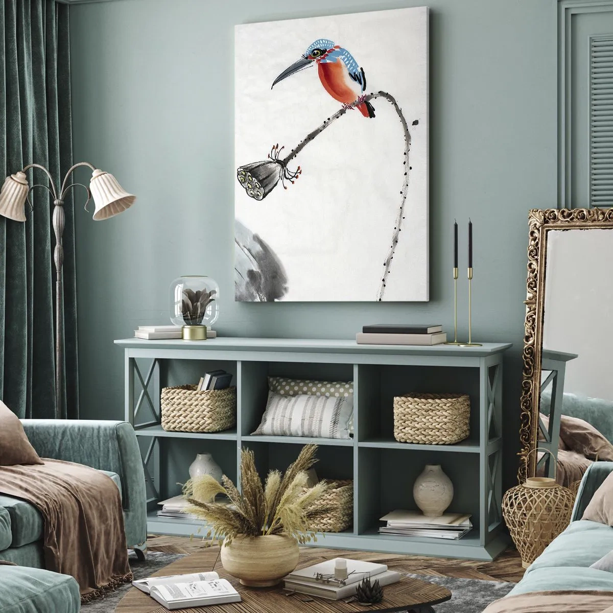 Quadro su tela - Stampe su Tela - Un uccello colorato su uno sfondo di vegetazione e una libellula - 50x70cm - La vita del prato - Decorazione murale moderna per soggiorno e camera da letto ARTTOR