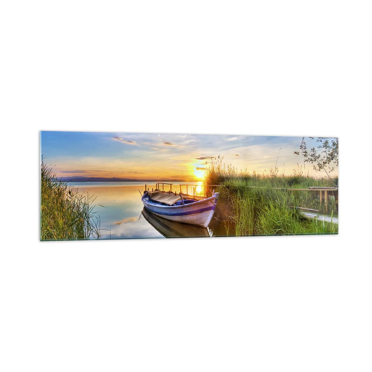 Quadro su vetro - Una barca in una baia tranquilla al tramonto - 160x50cm - L'insenatura dei sogni realizzati - Decorazione murale moderna per soggiorno e camera da letto ARTTOR
