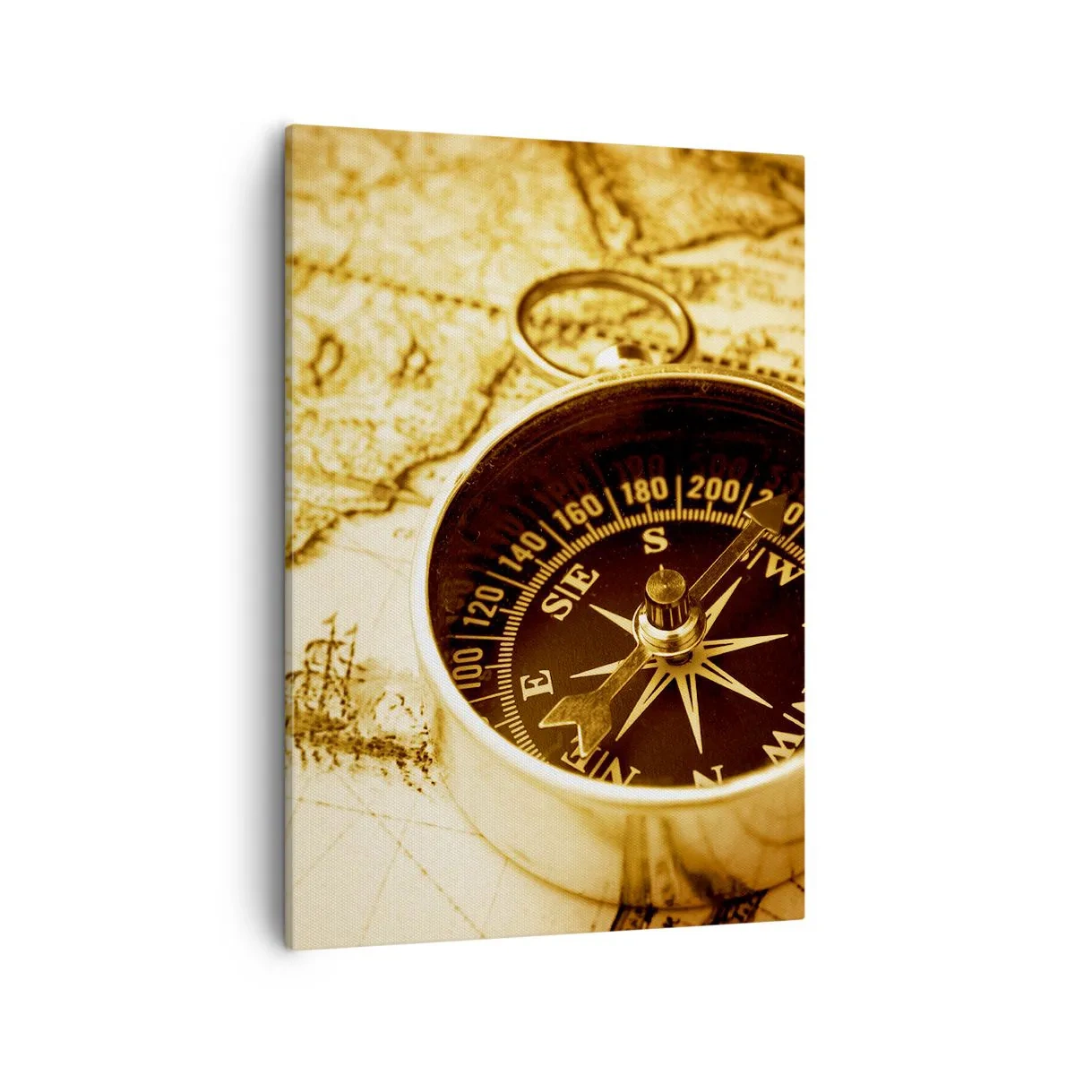Quadro su tela - Stampe su Tela - Una bussola antica sullo sfondo di una vecchia mappa del mondo - 50x70cm - A est o a ovest? - Decorazione murale moderna per soggiorno e camera da letto ARTTOR