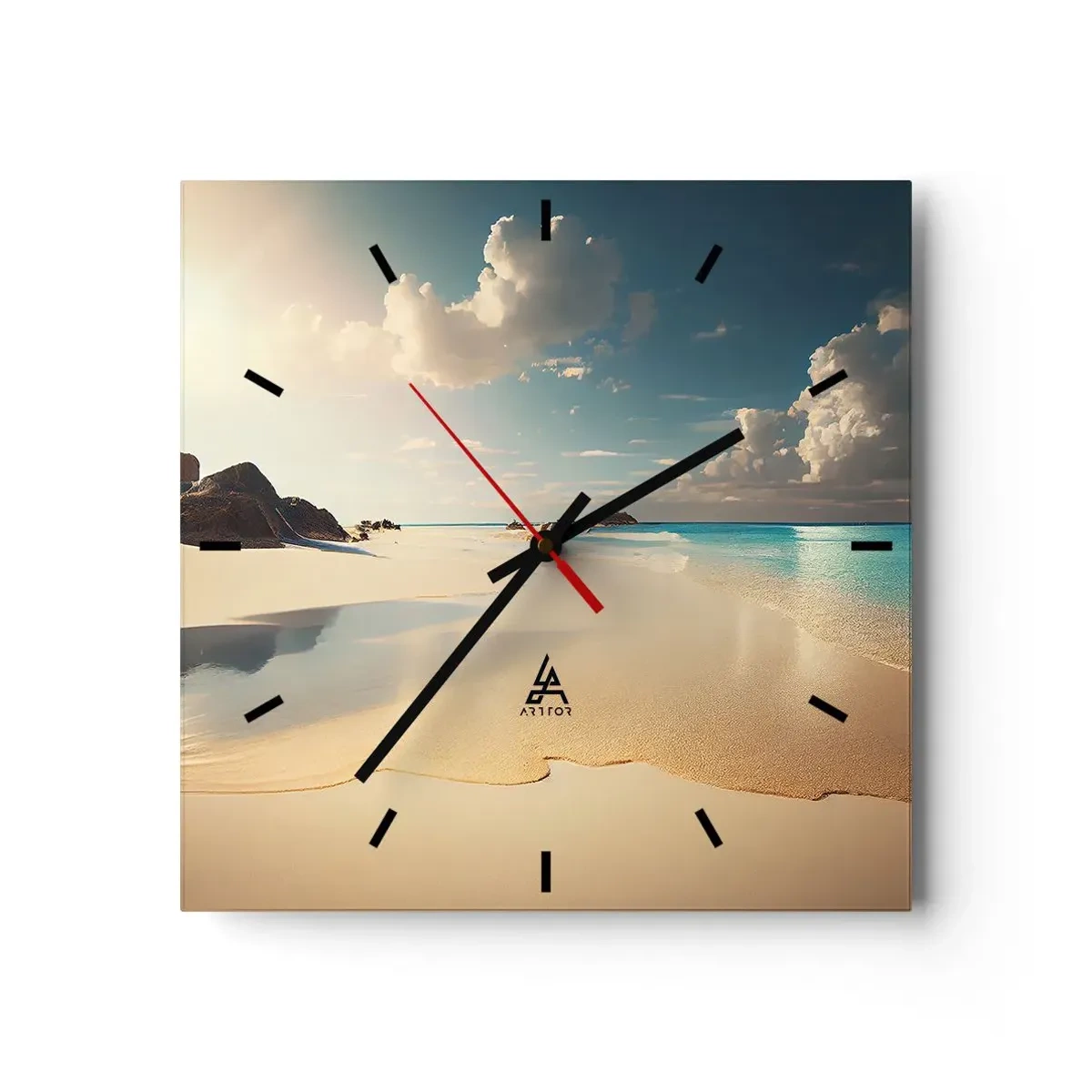 Orologio da parete - Orologio in Vetro - Una spiaggia soleggiata con mare azzurro e rocce - 30x30cm - Giornata ideale - Decorazione murale moderna per soggiorno e camera da letto ARTTOR