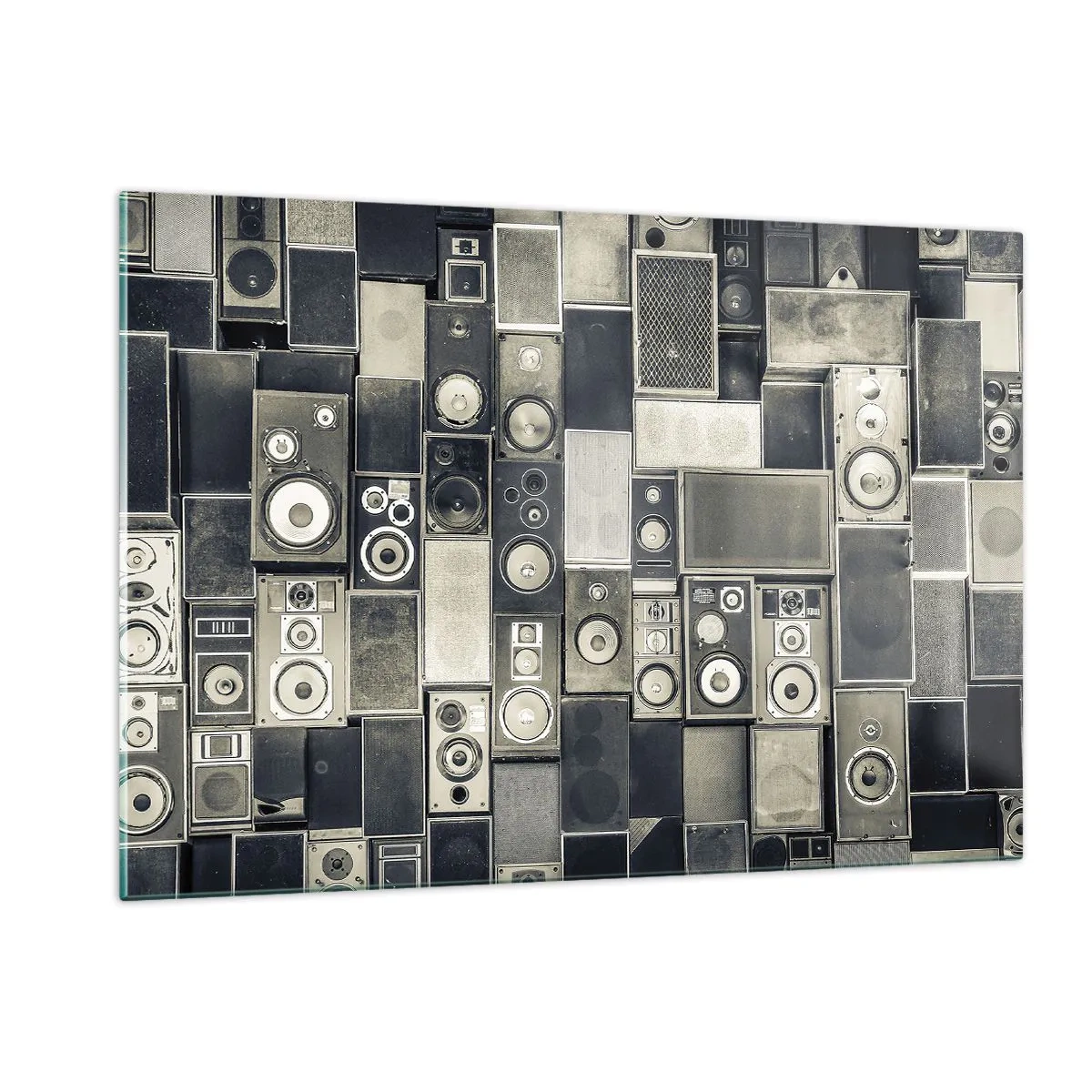 Quadro su vetro - Una composizione di altoparlanti retrò in tonalità di grigio - 120x80cm - Armonia di suoni - Decorazione murale moderna per soggiorno e camera da letto ARTTOR