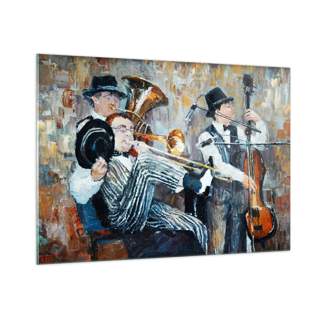 Quadro su vetro - Una jazz band in una scena impressionista e suggestiva - 100x70cm - Tutto il jazz - Decorazione murale moderna per soggiorno e camera da letto ARTTOR