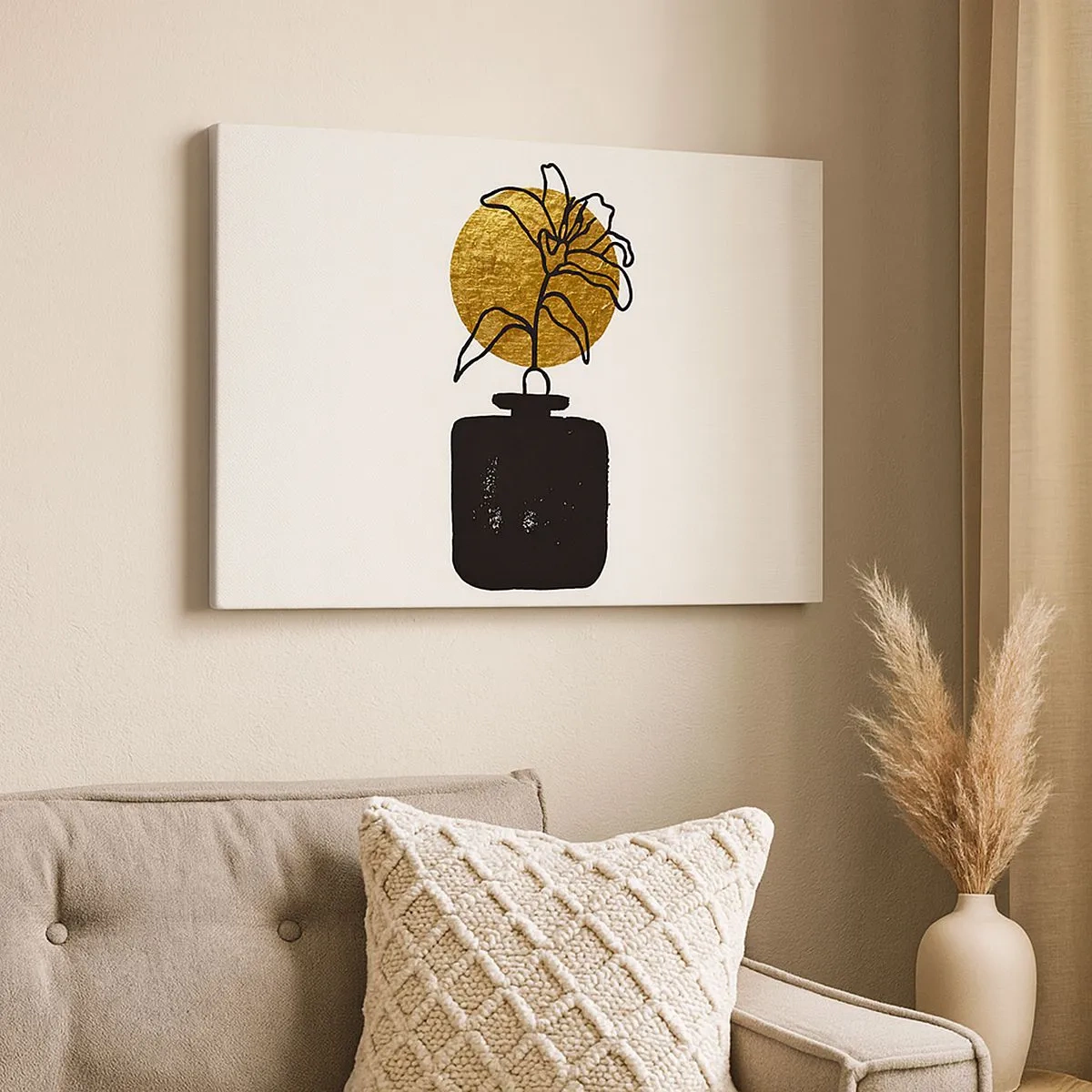 Quadro su tela - Stampe su Tela - Un disegno di un fiore in un vaso su uno sfondo di cerchi dorati - 70x50cm - Bellezza a peso d'oro - Decorazione murale moderna per soggiorno e camera da letto ARTTOR