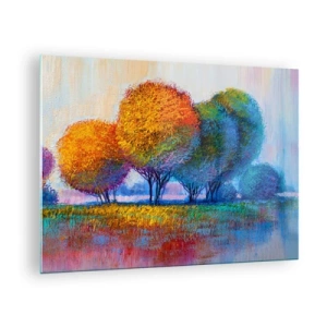 Quadro su vetro - Alberi colorati nei colori autunnali contro un cielo blu - 70x50cm - Ciuffo di colori brillanti - Decorazione murale moderna per soggiorno e camera da letto ARTTOR