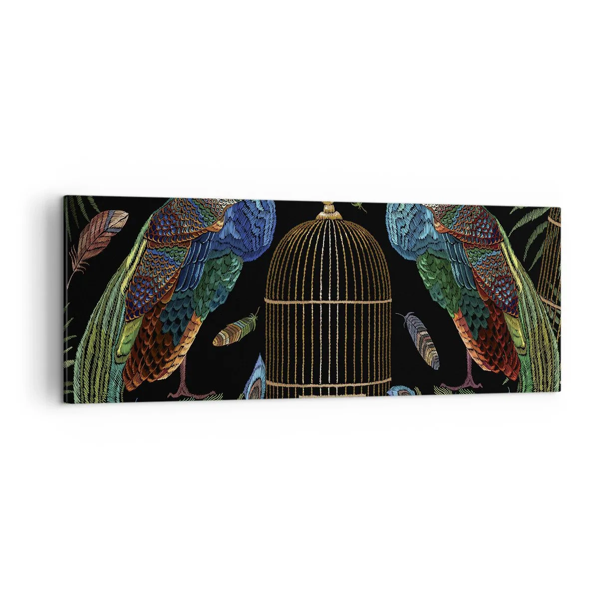 Quadro su tela - Stampe su Tela - Pavoni accanto a una gabbia dorata su sfondo nero - 140x50cm - Con gli abiti reali - Decorazione murale moderna per soggiorno e camera da letto ARTTOR