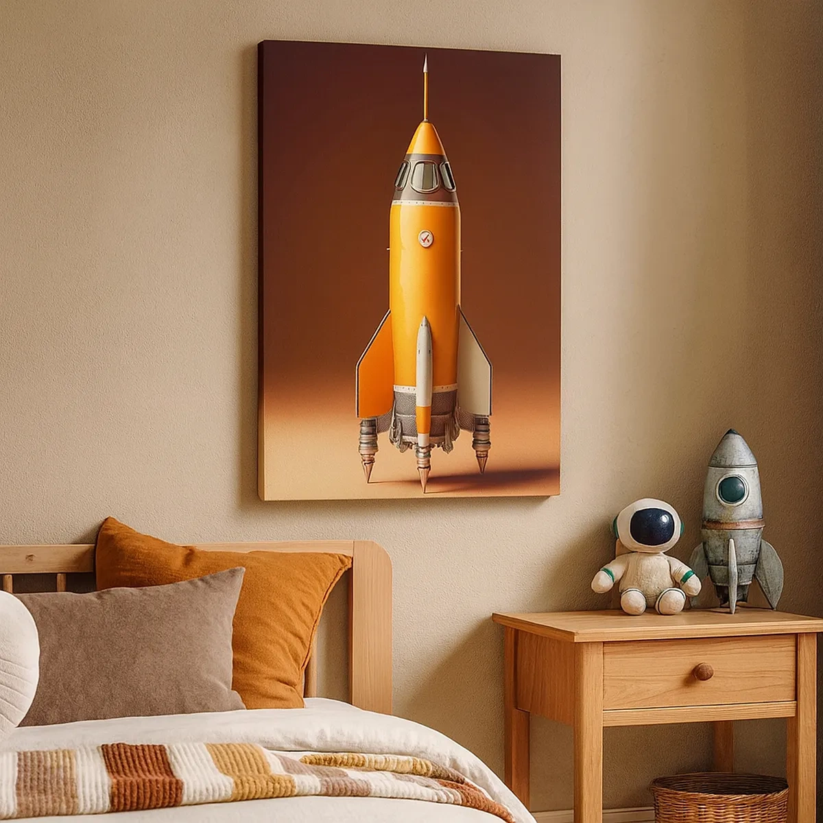 Quadro su tela - Stampe su Tela - Un razzo in stile retrò su uno sfondo di toni marroni - 50x70cm - Si inizia dai sogni - Decorazione murale moderna per soggiorno e camera da letto ARTTOR