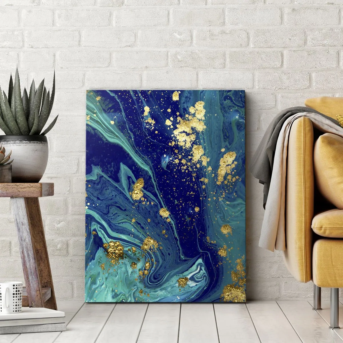 Quadro su tela - Stampe su Tela - Una composizione astratta con accenti blu, verdi e dorati. - 80x120cm - Petali di sole - Decorazione murale moderna per soggiorno e camera da letto ARTTOR