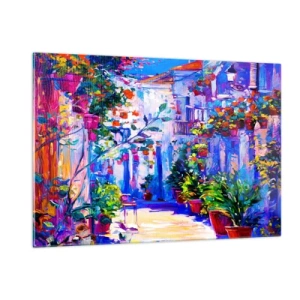 Quadro su vetro - Una strada colorata con piante fiorite e luci - 120x80cm - Impressionismo: stradina italiana - Decorazione murale moderna per soggiorno e camera da letto ARTTOR
