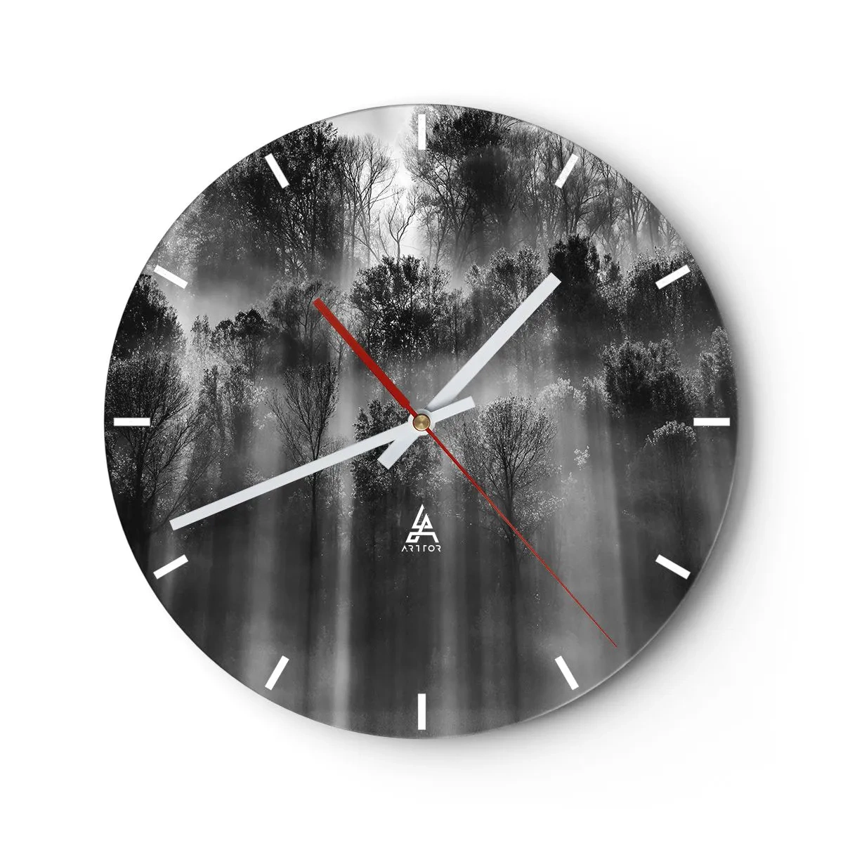 Orologio da parete - Orologio in Vetro - Una foresta bianca e nera illuminata da raggi di luce - 30x30cm - Nei getti di luce - Decorazione murale moderna per soggiorno, cucina e camera da letto ARTTOR