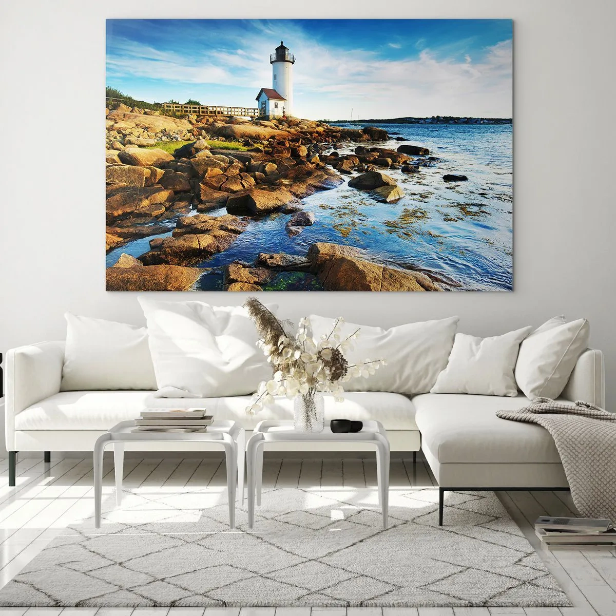 Quadro su vetro - Un faro su una costa rocciosa in una giornata di sole - 120x80cm - Tornate sani e salvi, vi aspetto - Decorazione murale moderna per soggiorno e camera da letto ARTTOR