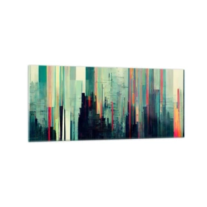 Quadro su vetro - Astrazione con linee verticali e skyline della città - 120x50cm - Città futuristica - Decorazione murale moderna per soggiorno e camera da letto ARTTOR