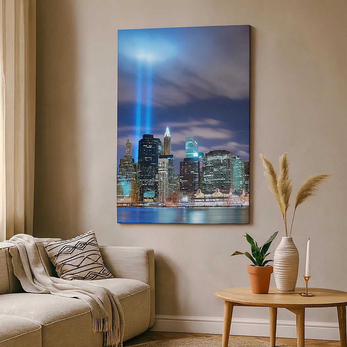 Quadro su tela - Stampe su Tela - Panorama notturno della città con due fasci di luce luminosi nel cielo - 50x70cm - Toccare il cielo con la luce - Decorazione murale moderna per soggiorno e camera da letto ARTTOR