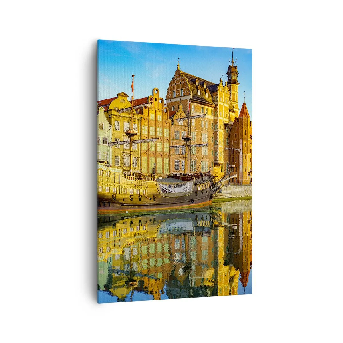 Quadro su tela - Stampe su Tela - Una vista pittoresca della città vecchia con una nave a vela e l'acqua - 80x120cm - Il riflesso del passato - Decorazione murale moderna per soggiorno e camera da letto ARTTOR