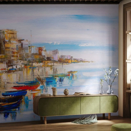 Fotomurali Premium Sand - Molo cittadino multicolore - Paesaggio, Porto, Mare - 350x256 cm
