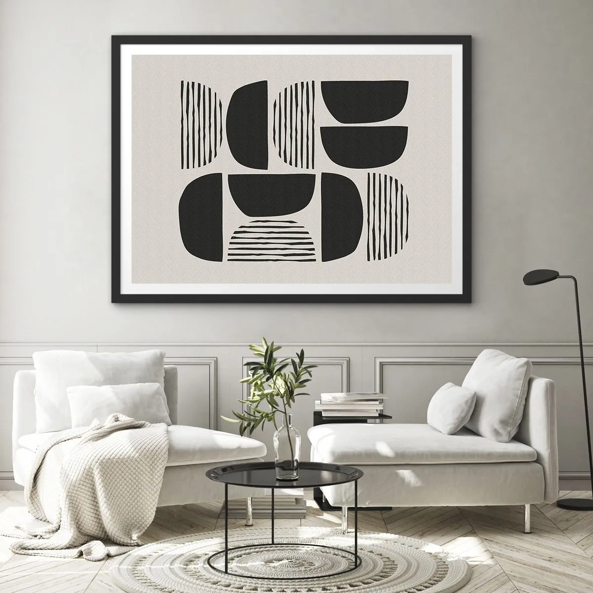 Poster in cornice nera - Geometria con semicerchi e linee in nero su sfondo chiaro - 70x50cm - Sistemi di metà - Decorazione murale moderna per soggiorno e camera da letto ARTTOR