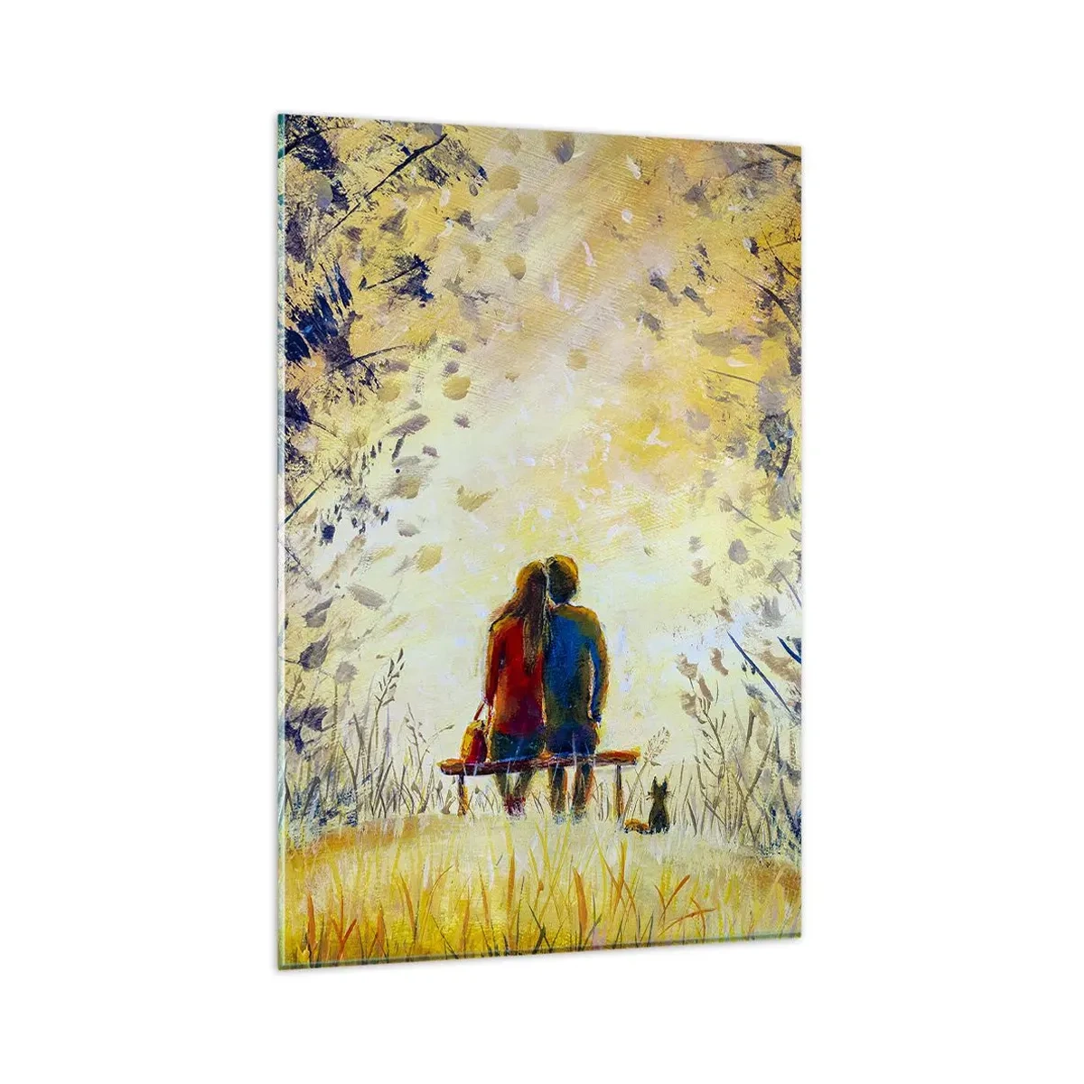 Quadro su vetro - Una coppia seduta su una panchina tra gli alberi autunnali alla luce del sole - 80x120cm - Attimo magico - Decorazione murale moderna per soggiorno e camera da letto ARTTOR