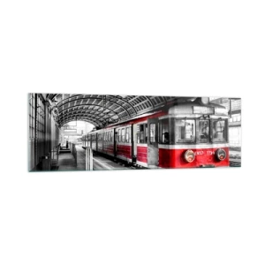 Quadro su vetro - Trenino rosso alla stazione sotto un tetto - 160x50cm - Sarà il viaggio della propria vita? - Decorazione murale moderna per soggiorno e camera da letto ARTTOR