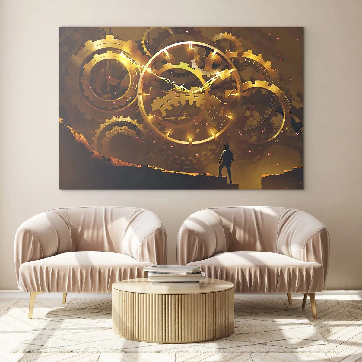 Quadro su vetro - Ingranaggi steampunk dorati con retroilluminazione su una sagoma umana - 100x70cm - Alla fonte del tempo - Decorazione murale moderna per soggiorno e camera da letto ARTTOR