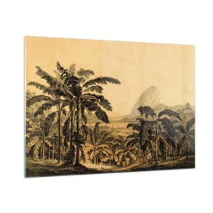 Quadro su vetro - Illustrazione d'epoca di una piantagione di banane con una montagna in lontananza sullo sfondo. - 100x70cm - Nel clima coloniale - Decorazione murale moderna per soggiorno e camera da letto ARTTOR