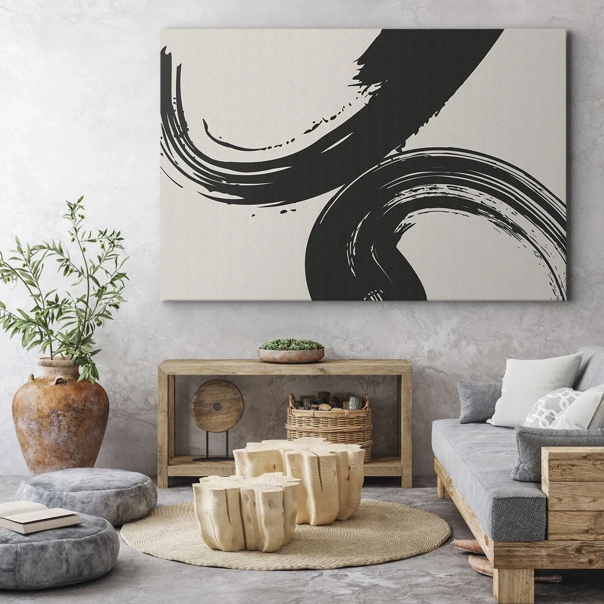 Quadro su tela - Stampe su Tela - Pennellate dinamiche in nero su sfondo chiaro - 100x70cm - Energico e circolare - Decorazione murale moderna per soggiorno e camera da letto ARTTOR