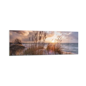 Quadro su vetro - Dune con erba sullo sfondo del sole al tramonto - 160x50cm - L'addio al sole e al vento - Decorazione murale moderna per soggiorno e camera da letto ARTTOR