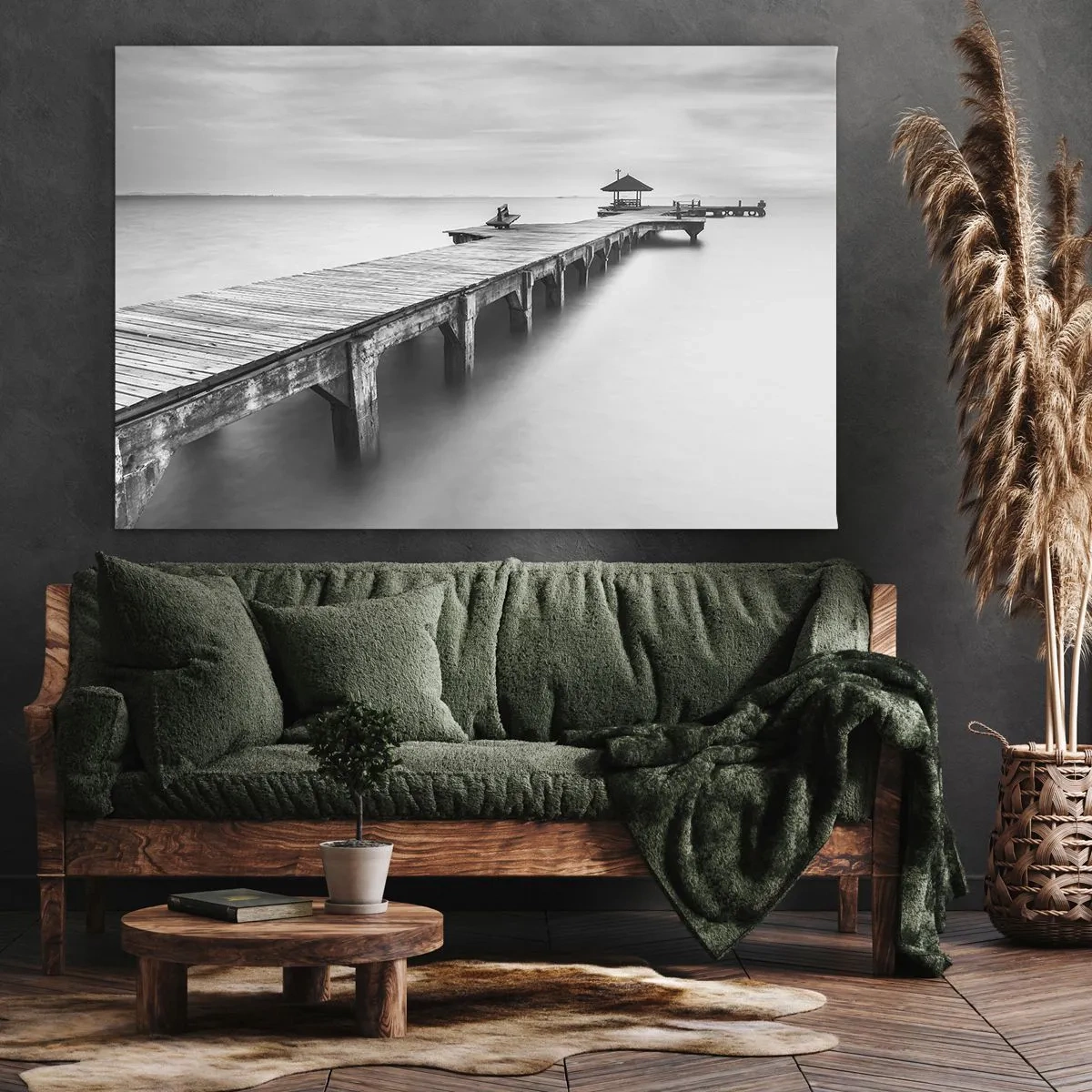 Quadro su tela - Stampe su Tela - Una vista in bianco e nero di un molo di legno su acque calme. - 70x50cm - Sempre più lontano. - Decorazione murale moderna per soggiorno e camera da letto ARTTOR