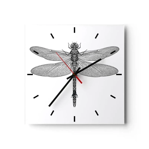 Orologio da parete - Orologio in Vetro - Disegno in bianco e nero di una libellula su sfondo bianco in stile minimalista - 30x30cm - La precisione della natura - Decorazione murale moderna per soggiorno e camera da letto ARTTOR