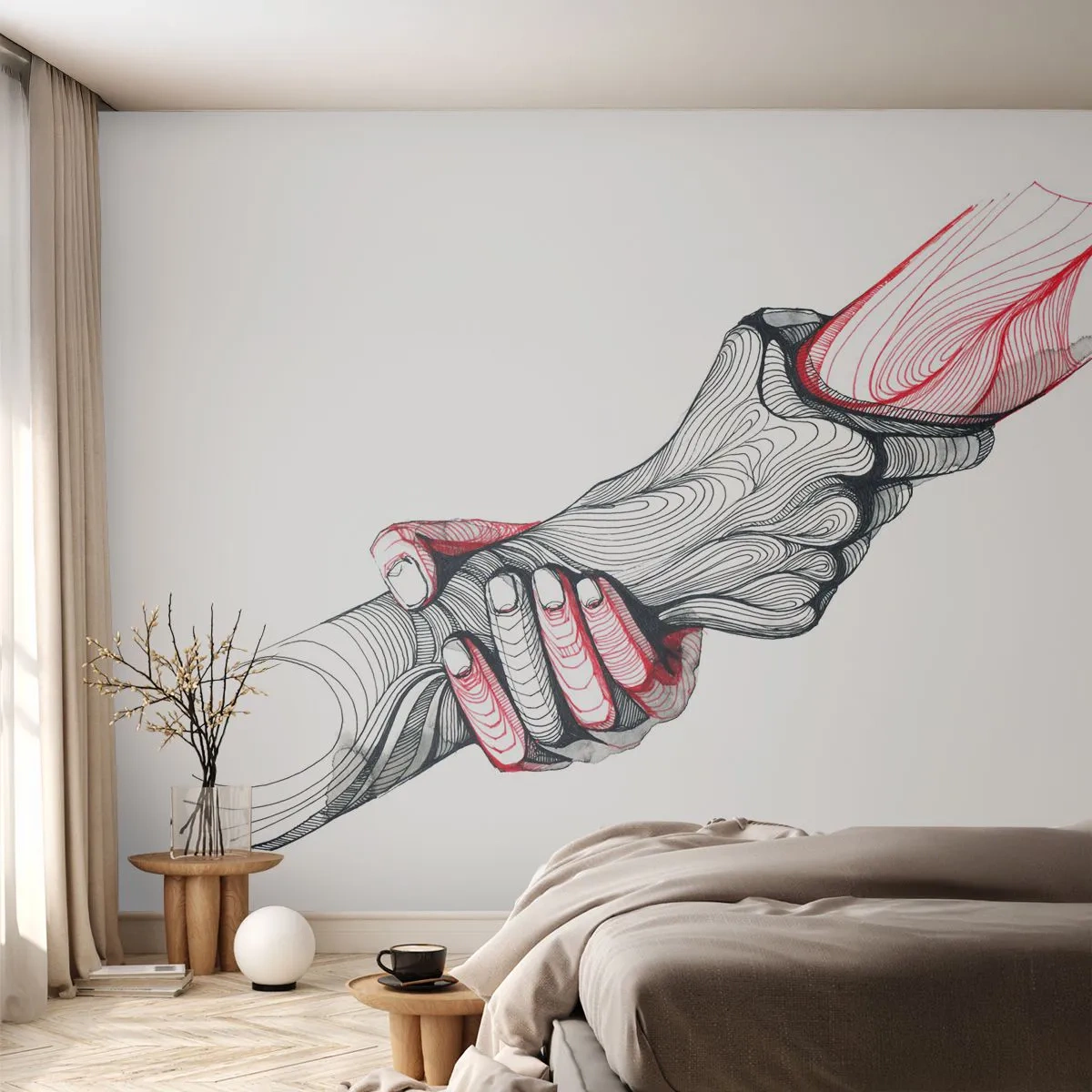 Fotomurali Premium Sand - Una stretta di mano simbolica in stile minimalista - 100x70cm - Sei in buone mani - Decorazione murale moderna per soggiorno e camera da letto ARTTOR
